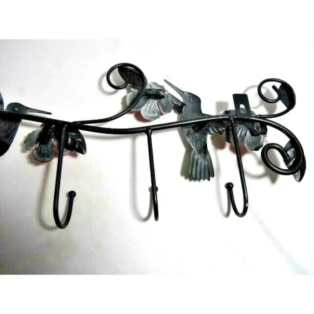 Hummingbird Garden Metal Wall Art Scroll Vine Hand Painted Flowers 4-Hooks NEW